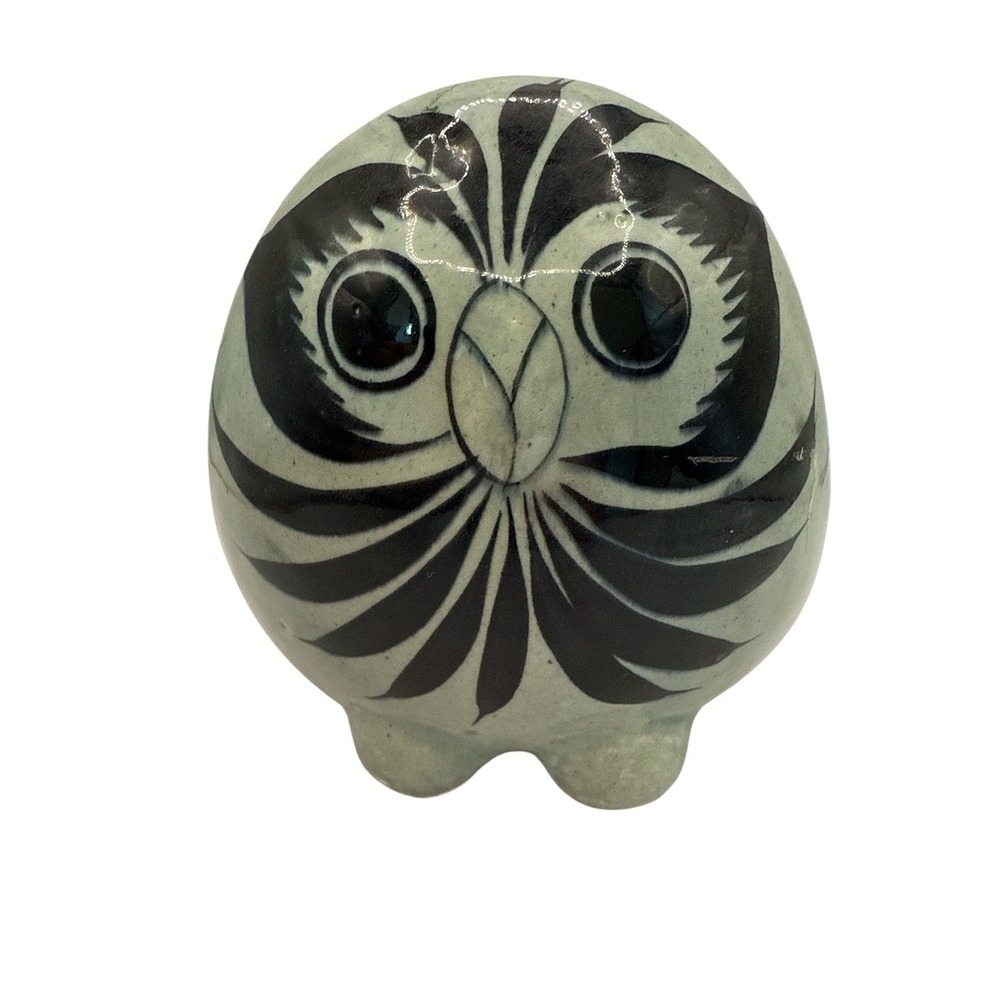 Tonala Pottery Owl Figurine Hand Painted Mexican Folk Art Bird Signed